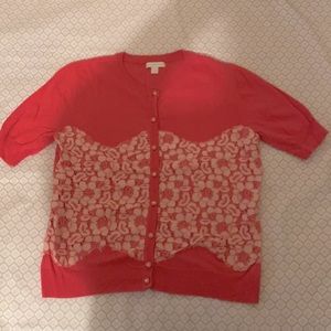 New York & Company Pink Lace Cardigan with Rhinestone Buttons. Size L.